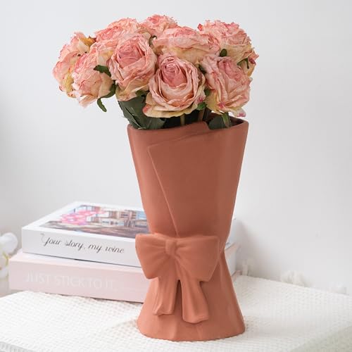 Relexome Pink Ceramic Bow Vase 9.64 in Unique Cute Modern Decorative Bouquet Flower Vases for Home Living Room Table Decor Women Girl Gifts - color: Pink