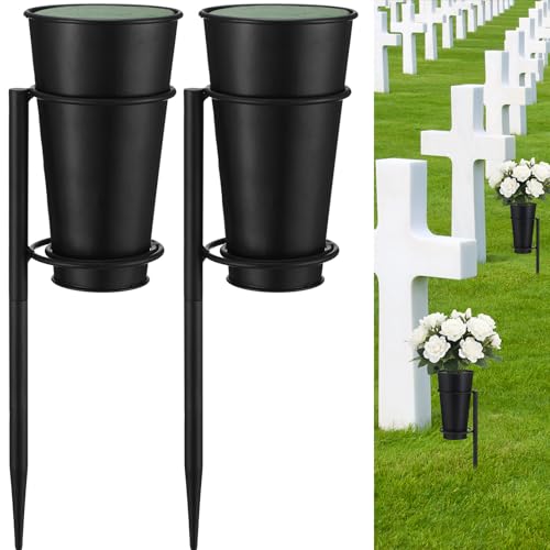 2 Sets Metal Cemetery Flower Vase with Stake for Grave, Flower Holder in Base Graveyard Vase with Floral Foam for Grave Decoration, Black