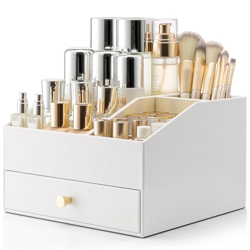 VLANDO Makeup Organzier,Vanity Organizer with Drawers, PU Leather Skincare Organizer Perfume Organizer,Large Cosmetic Display Case for Lipstick,Brushes Gifts for Women-White - color: 2 layers-White