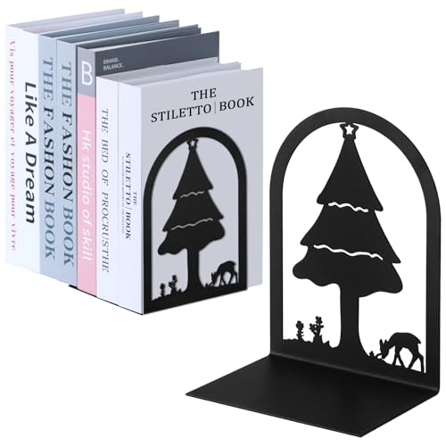 Aertiavty 2 Pcs Bookends for Shelves, Heavy-Duty Morden Tree Book Ends, Non-Skid Metal Bookends, 1 Pair Large Decorative Book Holder for Home and Office, Black Book Stopper, Forest - style: Tree