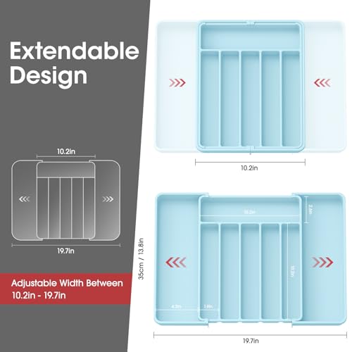 Aujen Silverware Organizer - Expandable Kitchen Drawer Organizer, Adjustable Utensil Organizer, Cutlery Tray for Forks, Knives, Multipurpose Kitchen Organizers and Storage Solution, Pink, Large - color: Blue, size: Large