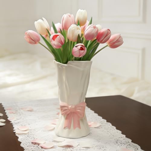 Pink Bow Vase, Hot Pink Flower Vase for Home Decor, Ceramic Vases for Boho Style, Small Cute Vases for Ideal Shelf Decor/Table/Living Room. (Pink 7, Large) - color: Pink 7