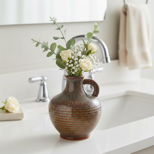 Sunddo Brown Ceramic Vase 6 Inch - Small Rustic Decorative Vase with 1 Handle, Rustic Farmhouse Decor, Bedroom, Bathroom, Bookshelf, Mantel, Coffee Table Decor - color: Rust - 6, size: 6 Inch