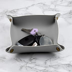 Decorative Foldable Valet Tray Artificial Leather Catchall Holder Small Desk Table Organizer Tray for Jewelry, Keys, Watches, Coins (Light Gray)