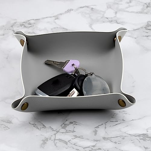 Decorative Foldable Valet Tray Artificial Leather Catchall Holder Small Desk Table Organizer Tray for Jewelry, Keys, Watches, Coins (Light Gray)