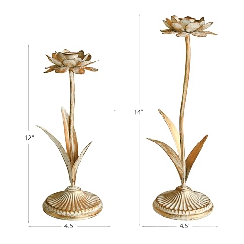 Antique Gold Metal Flower Taper Candle Holder, Rustic Farmhouse Style, Set of 2, Centerpiece Wedding Festive Christmas Mantel Decoration