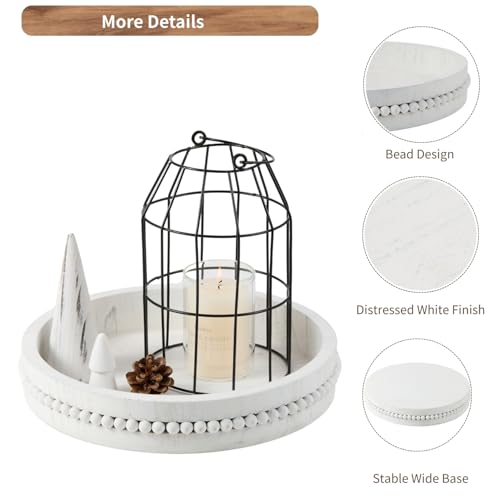 Decorative Wooden Tray: Beaded Round Coffee Table Tray for Centerpiece, Rustic Farmhouse Wood Serving Tray for Entry, Living Room and Kitchen Counter Decor, 11.8 inch - Distressed White