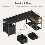 AODK 55 inch L Shaped Computer Desk with Drawers, Reversible Computer Desk with Storage Shelves, Home Office Desk with Built-in Power Outlet, Black - color: Black, size: 55 Inch