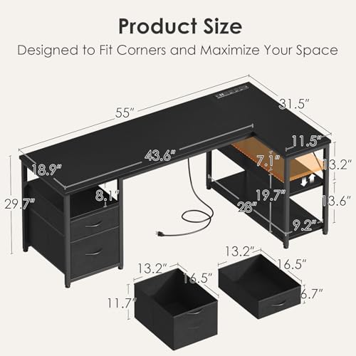 AODK 55 inch L Shaped Computer Desk with Drawers, Reversible Computer Desk with Storage Shelves, Home Office Desk with Built-in Power Outlet, Black - color: Black, size: 55 Inch