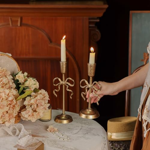 NIKKY HOME Gold Bow Iron Taper Candle Holders Set of 2, Vintage Decorative Candlesticks Centerpieces Decor for Dining Room Table Wedding Party Mantle Fireplace Housewarming Gift