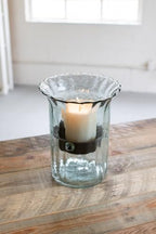 First of a Kind Small Glass Candle Holder - Hurricane Candle Holder with Rustic Insert, Mouthblown by Artisans in Colombia - Perfect for Home Decor, Centerpieces, Display with Personal Memorabilia - size: Small