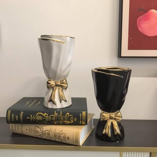 Black and Gold Bow Ceramic Vase - Flower Vases for Home Decor, Bow Decor, Boho Style, 9.65 Inch Flower Vases for Bouquet, Large Vase for Ideal Shelf Decor/Table (Black and Gold, Large) - color: Black and Gold