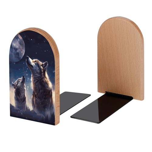 Wolf Howl Puppy Wolves Moon Book Ends Decorative Wood Bookends for Shelves Kids Room Desk Home Office Book Stoppers for Magazines,Books, DVDs, 1 Pair/2 Pieces(5x3.1 in)