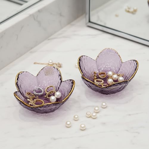 Purple Flower Ring Dish Jewelry Tray, Small Glass Trinket Tray for Rings Earrings, Present for Wife Mom Daughter Women - color: Purple
