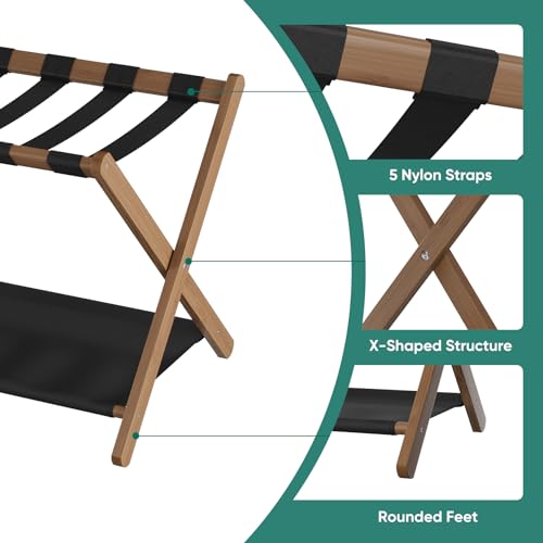 Smuxee Walnut Bamboo Luggage Rack for Guest Room, Foldable Suitcase Stand with Storage Shelf, Easily Assembled Luggage Stand with 5 Nylon Straps for Guest Room Bedroom Hotel - color: Walnut 1PCS