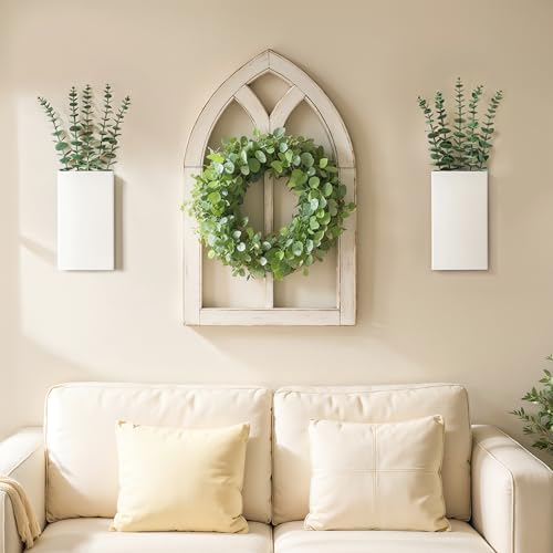 2 Pack Metal Wall Planter Vases Decor with Artificial Eucalyptus, Modern Farmhouse Rustic Hanging Pocket Planters for Indoor Greenery and Flowers, Living Room Bedroom Kitchen Decoration, White - color: White
