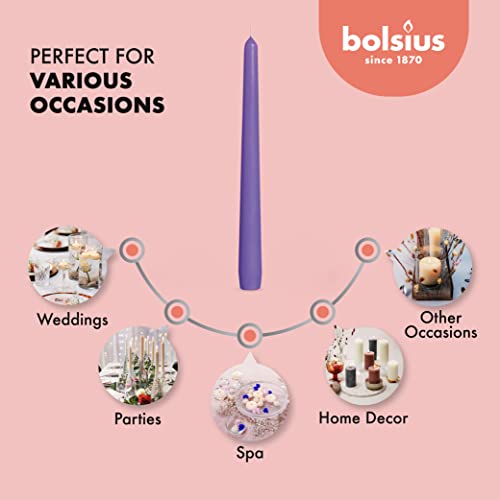 BOLSIUS 10 Inch Purple Taper Candles - 8 Hours Burn Time - Premium European Quality - 10 Pack Unscented Smokeless & Dripless Household Taper Candlesticks - Perfect for Church, Party, & Everyday Use - color: Purple, size: 10 Count