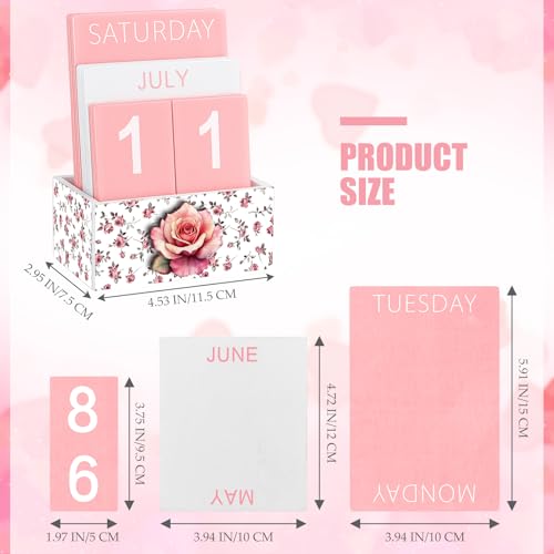 AceOrbit Pink Rose Wood Block Perpetual Calendar Coquettish Desk Decor Cute Month Week Date Display Decorative Block Calendar for Women Office Home Desk Gift for Women - style: Pink Roses