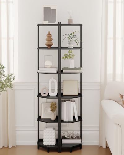 Hzuaneri Corner Shelf Stand, Corner Bookshelf, Storage Standing Shelf Unit with Metal Frame, Plant Stand, Bookcase for Living Room, Home Office, Bedroom, 6-Tier Black CS06006B - color: Black, size: 6 Tier