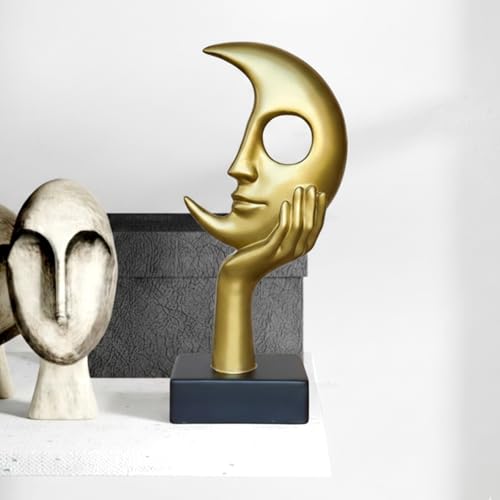 Thinker Statue, Abstract Moon-Faced Sculpture, Modern Home Decor Ornament, Suitable for Living Room, Bookshelf, Fireplace, and Office Decoration, Resin Statue - color: Metallic Gold, size: Large