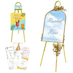 57"– 42" Height Adjustable Gold Easel Stand for Signs, Lockable at Any Height – 4 Hooks, 3 Display Modes, Easel with Design Templates – Ideal for Wedding Welcome Sign, Parties, Art & Retail Display