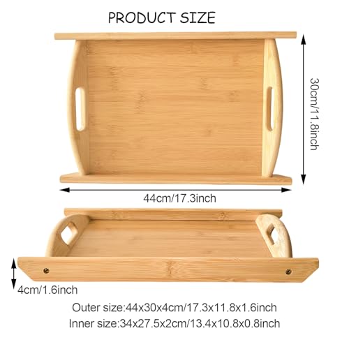 Bamboo Serving Tray Rectangle Platter Breakfast Dinner Food Bed Tray for Eating Kitchen Restaurants (1, 17.3" x 11.8" x 1.2" (with Handle)) - size: 17.3" x 11.8" x 1.2"