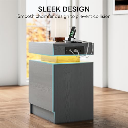LIKIMIO Night Stand with Charging Station, Modern Grey Nightstand with LED Light and Drawers, Bedside Tables/End Table for Bedroom - color: Grey