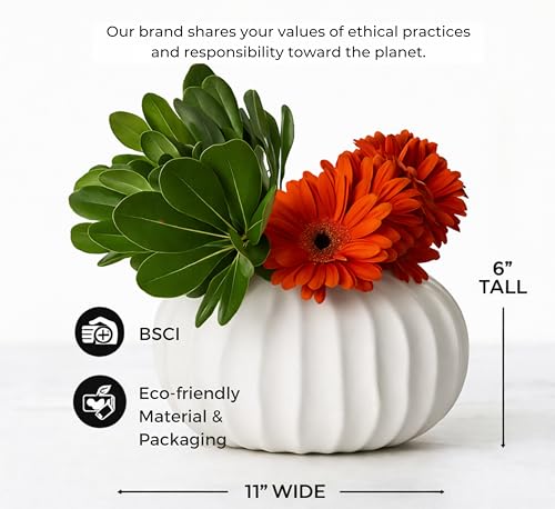 Pots & Patterns 11" Large White Ceramic Flower Vase - Modern Ribbed Low Profile Centerpiece for Dining Table & Home Decor