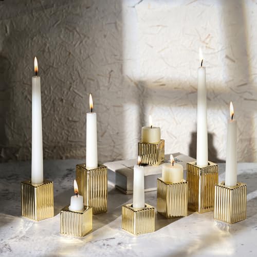 LETINE 12pcs Gold Vertical Stripe Glass Candlestick Holders - Chic Taper Candle Sticks Holder Set for Elegant Dining & Home Decor - Wedding Centerpieces, Parties, and Celebrations - color: Gold