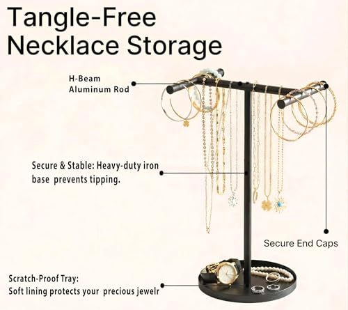 Necklace Holder Organizer, Metal Jewelry Stand to Prevent Bangles, Necklaces, Bracelets, Rings, Earrings and Watch Tangling - color: Black