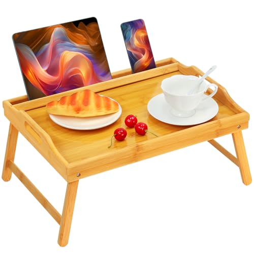 Bed Tray Table Breakfast Trays Serving Tray Bamboo Bed Laptap Floding Legs with Handles and Phone Holders - style: 1 pack