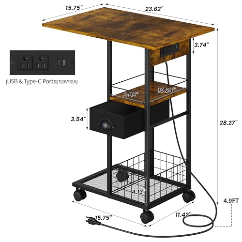 Rolling C-Shaped Side Table with Charging Station, Night Stand with Type-C & USB Port and Outlet for Bedroom, Spacious Coffee Table with Wheels for Living Room, Home Office, Small Space(Large Desktop) - color: Black, size: X-Large (With Charging)