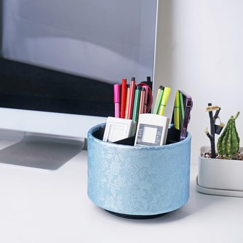 lizimandu Round Leather Art Supply Organizer,Remote Control Holder,360 Degree Spinning,Multi-Functional Pencil Holder,4 Compartments Desktop Stationary Organizer(1-Liuli Blue) - color: 1-Liuli Blue
