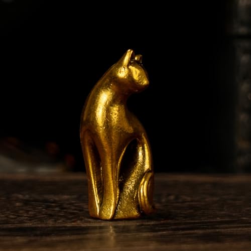 CHOVY 100% Solid Brass Cat Figurine - Vintage Collectible Sculpture Art Deco Inspired Ornament for Oddities Curiosities Enthusiasts Handcrafted Soft-Sitting Pose with Retro Patina Decorative Statue - color: Mellow Cat