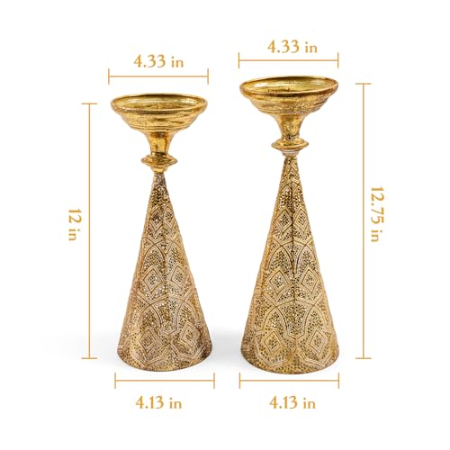 Farmhouse Gold Candle Holders for Pillar Candles, Metal Distressed Set of 2 Retro Flower Design Pillar Candle Stand Dual Use, Can be Vase Table Centerpiece Decor for Fireplace, Living, and Dining Room