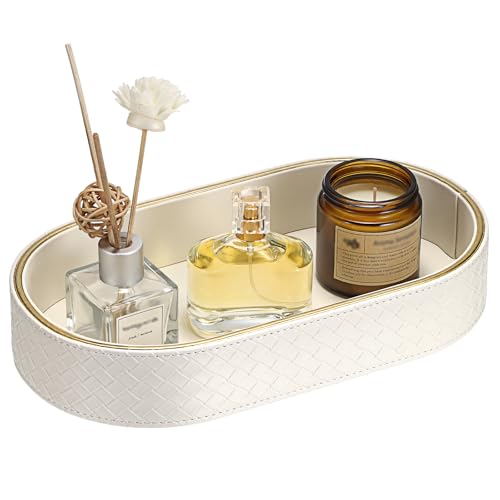 Hipiwe PU Leather Valet Tray with Gold Line Perfume Vanity Tray Catchall Tray for Jewelry Trinket Oval Bedside Nightstand Organizer for Home Decor, White - color: White