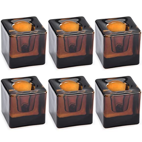 6PCS Dark Brown Square Glass Taper Candle Holders for Table Centerpiece. Decorative Crystal Candle Stick Holder Sets. Candle Stand for Wedding, Dinning, Party. - color: Dark Brown 6pcs
