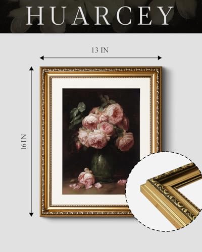 HUARCEY Vintage Rose Flower Gold Framed Canvas Wall Art 13x16 Inch, Classic Floral Vase Still Life Dark Oil Painting Print, Traditional Elegant Living Room Bedroom Kitchen Home Decor - color: Eight Pink Roses, size: 16"L x 13"W