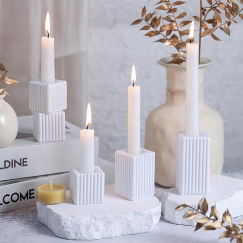 LETINE 12pcs White Vertical Stripe Glass Candlestick Holders - Chic Taper Candle Sticks Holder Set for Elegant Dining & Home Decor - Ideal for Wedding Centerpieces, Parties, and Celebrations - color: White