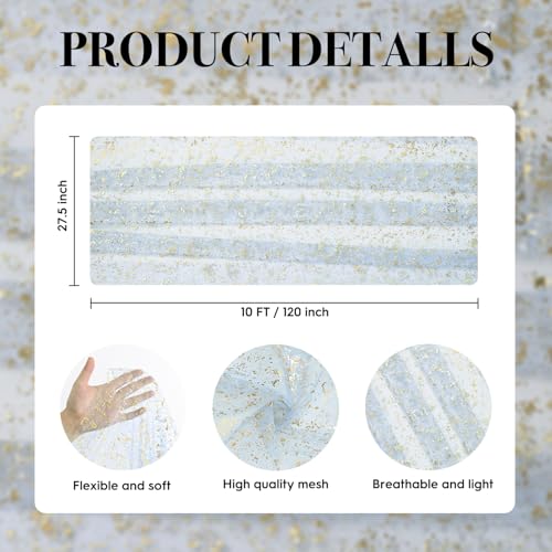 Artoid Mode Gold Gauze Light Blue Table Runner 120 Inch 10FT, Glitter Metallic Foil Sheer Dining Wedding Anniversary Holiday Birthday Table Decor for Home Party - color: Light Blue Gold, size: 28" x 120"