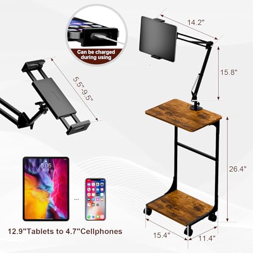 Floor Kindle Tablet iPad Stand with 2-Tier Storage Shelves,Angle Height Adjustable iPad Tablet Kindle Holder for Bed with 360-Degree Rotating Wheels, Compatible with 4.7"-13" Kindle Cell Phone iPhone - size: 11.4"D x 15.4"W x 56.4"H