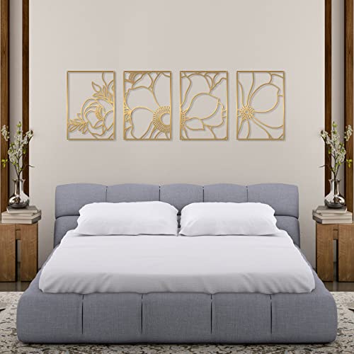 Glamativity 4 Pack Gold Wall Art, Flower Minimalist Single Line Art, Real Metal Nature Floral Abstract Wall Decor for Kitchen Bedroom Living Room - color: Gold Blossom Style, size: M Size 17 x 11.8''
