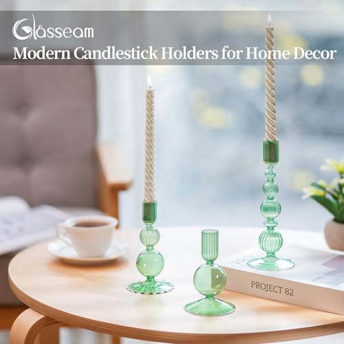 Glasseam Green Glass Candle Holder: Set of 3 Candle Stick Holders for Taper Candlesticks Modern Candle Holders for Candlesticks Unique Tapered Candlestick Holders for Table Centerpiece Home Decor Gift - color: Green
