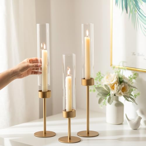 Glass Hurricane Candlestick Holders Gold - Romadedi 18 PCS Taper Candle Holder Bulk Tall Clear Glass Cylinder Table Centerpiece Wedding Decor Party Birthday Christmas Home Decorations - size: 18 PCS