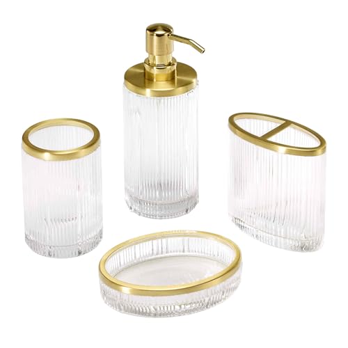 Nicole Miller - Bathroom Set, 4pc Glass Countertop Accessories, Dorm Room Essentials (Louise Collection, Clear) - size: 4pc Bath Set