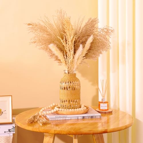 ZENS Wicker Boho Vase Set of 2, Glass Flower Vase with Hand Woven Rattan Cover for Pampas Grass, Artistic Boho Country Vases for Fall Flower Decor, Home Table Centerpiece, Farmhouse Decorative - size: 2