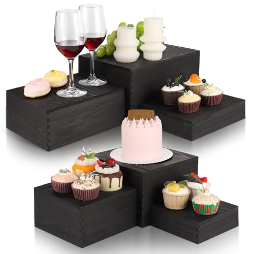 6 Pack Wood Cake Cupcake Stand Buffet Risers, Wooden Display Stand Wood Display Riser, Square Food Display Risers for Party Wedding Birthday Home (6" 7" 8" 9" 10" 11") - color: Black 6pcs (6" 7" 8" 9" 10" 11")