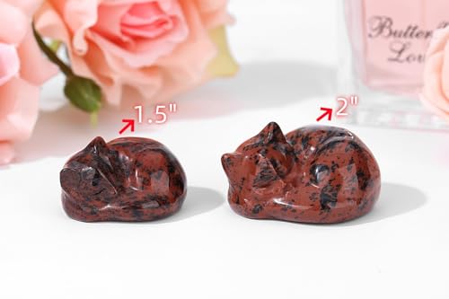 QINJIEJIE 2" Red Obsidian Cat Crystals Decor Statue Sleeping Cat Figurines Healing Stone Gifts Carved Pocket Polished Gemstones Cute Kitten Statue Office Desk Home Room Reiki Decor Gifts for Women - color: F-red-red Obsidian, size: 2 inches