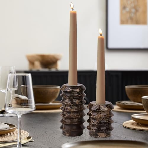 HofferRuffer Marble Candlestick Holders, Set of 2 Natural Stone Candle Holder Decorative Candle Stands for Wedding, Dinning, Party, Table Centerpieces, Fits 3/4'' Thick Candles (MarbleBrown) - color: Marblebrown