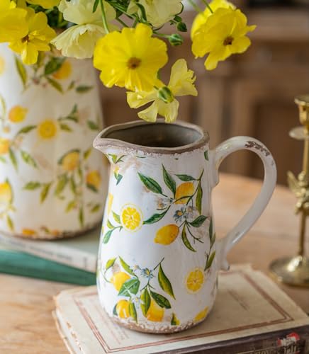 Vintage Lemon Ceramic Vase with Handle, Retro Ice Glazed Crack Farmhouse Pitcher Vase for Home Decor, Living Room, Shelf, Office, Rustic Table Centerpiece 7 Inch - color: Lemon, size: Small Pitcher